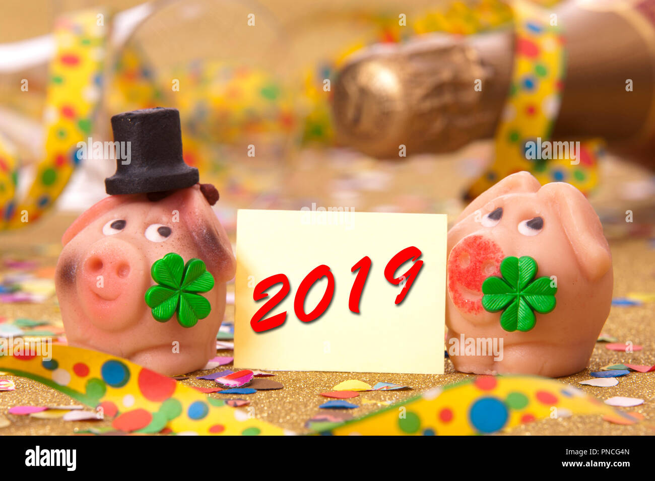 cork stopper of champagne with new year`s date 2019 and lucky charm Stock Photo